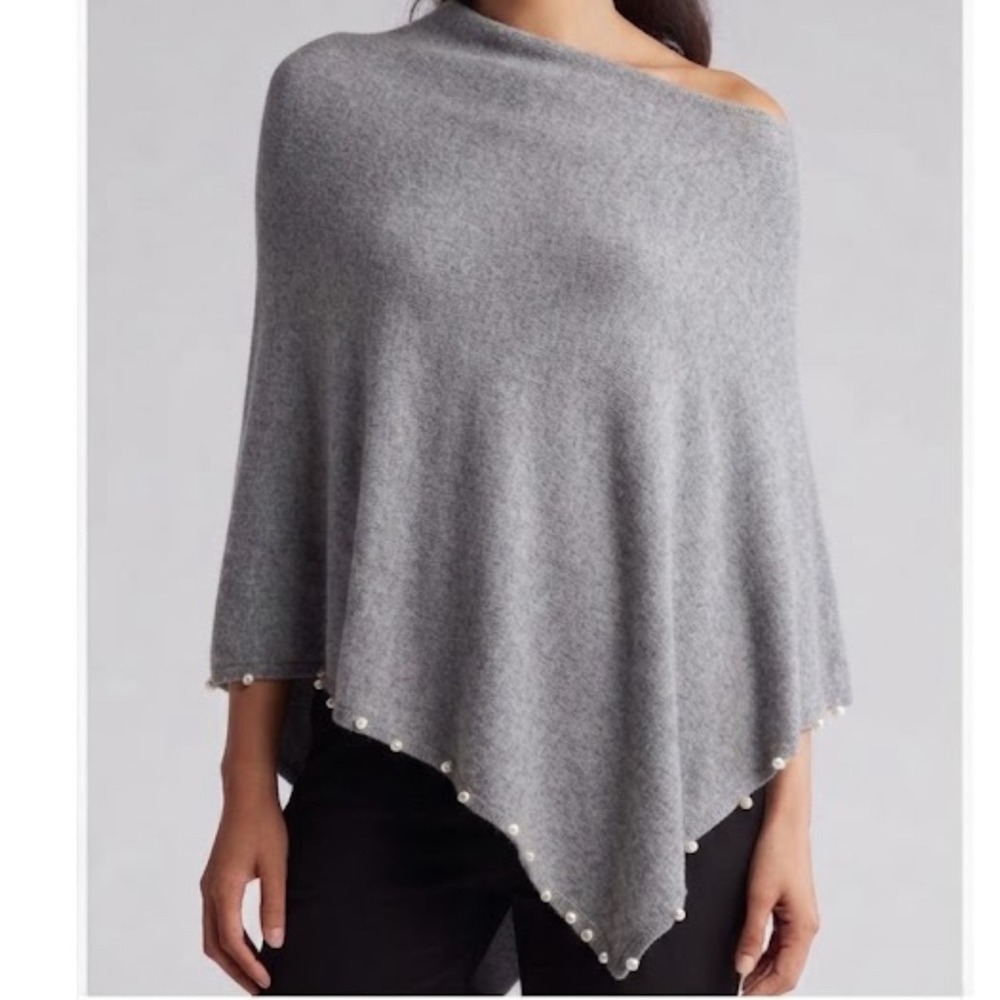 NWT La Fiorentina Poncho Womens Grey Pearl Trim Knit Cowl Neck E234 One Size